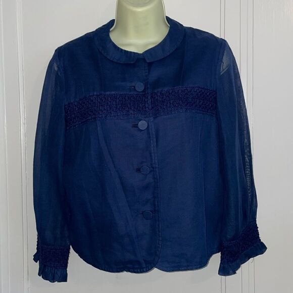 Vintage Tops - Vtg 60s Bobbie Brooks navy blue smocked cropped shirt with 3/4 sleeves